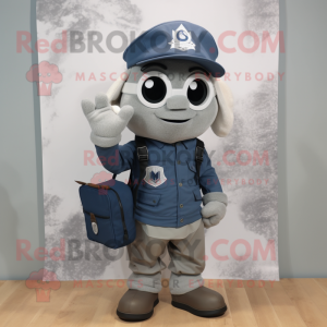 Gray Navy Soldier mascot costume character dressed with a Jacket and Messenger bags