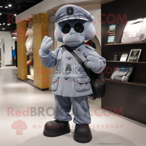 Gray Navy Soldier mascot costume character dressed with a Jacket and Messenger bags