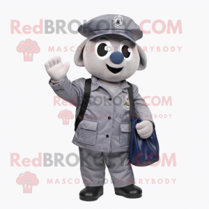 Gray Navy Soldier mascot costume character dressed with a Jacket and Messenger bags