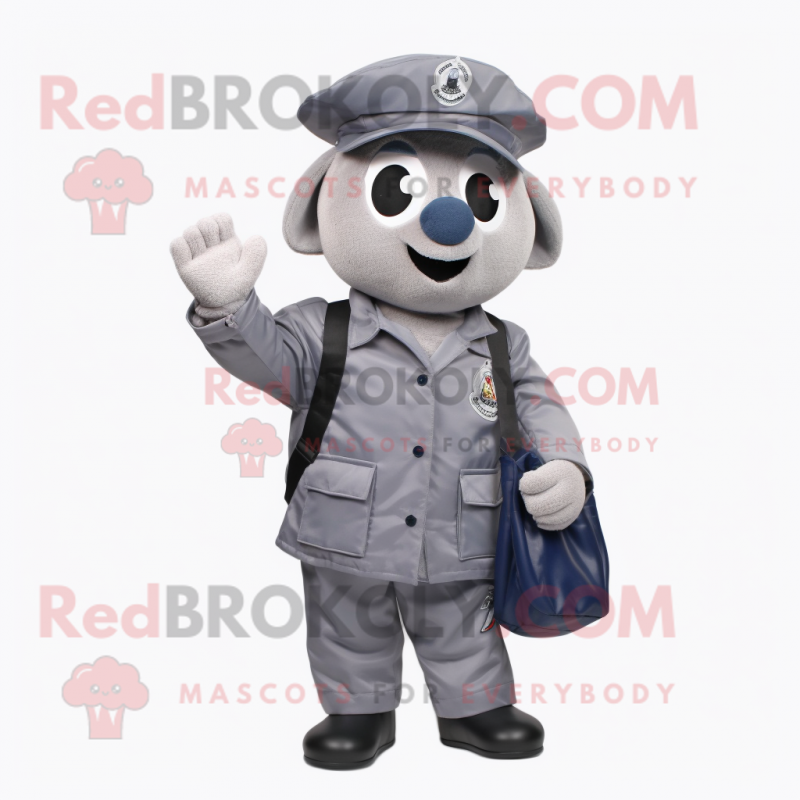 Gray Navy Soldier mascot costume character dressed with a Jacket and Messenger bags Gray Navy Soldier mascot costume character dressed with a Jacket and Messenger bags
