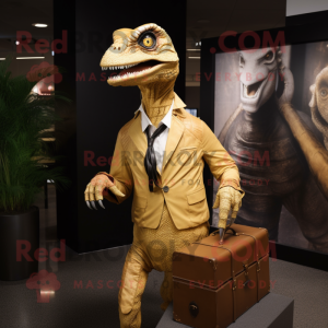 Gold Velociraptor mascot costume character dressed with a Jacket and Briefcases