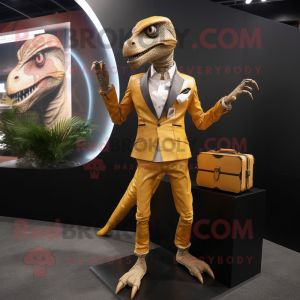 Gold Velociraptor mascot costume character dressed with a Jacket and Briefcases