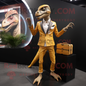 Gull Velociraptor maskot kostyme karakter kledd med en jakke og kofferter