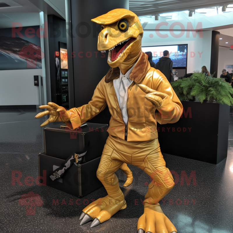 Gold Velociraptor mascot costume character dressed with a Jacket and Briefcases Gold Velociraptor mascot costume character dressed with a Jacket and Briefcases