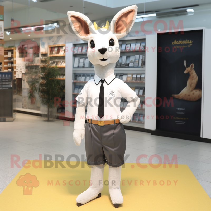 White Roe Deer mascot costume character dressed with a Oxford Shirt and Shoe clips White Roe Deer mascot costume character dressed with a Oxford Shirt and Shoe clips