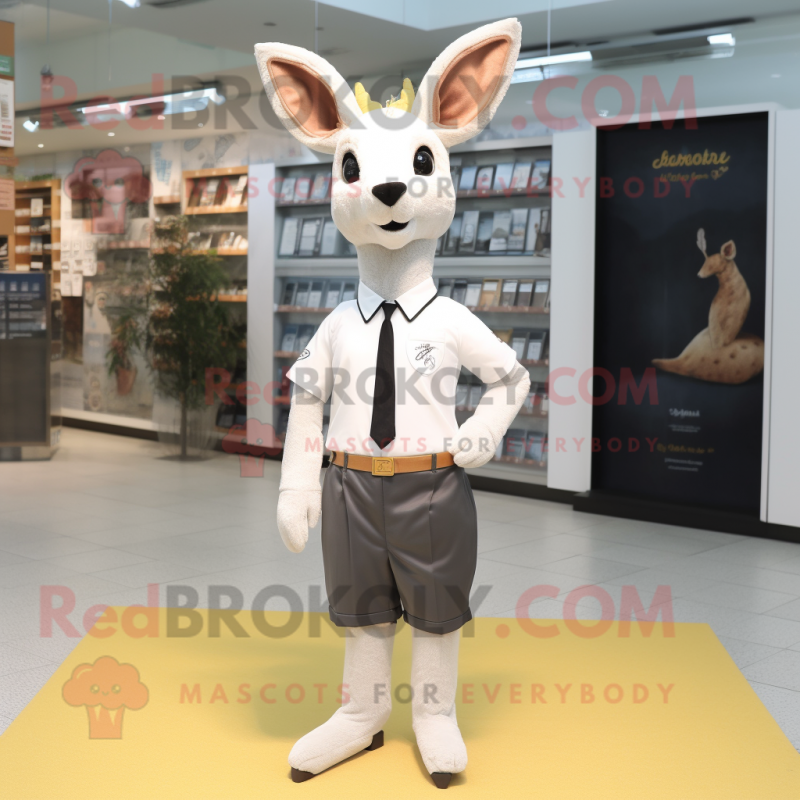 White Roe Deer mascot costume character dressed with a Oxford Shirt and Shoe clips