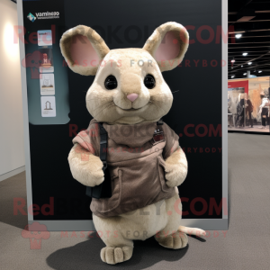 Tan Chinchilla mascot costume character dressed with a Sweater and Messenger bags