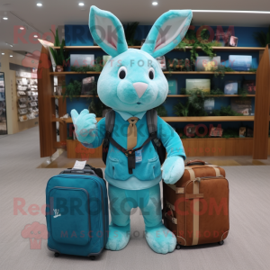 Turquoise Wild Rabbit mascot costume character dressed with a Vest and Briefcases