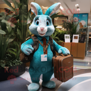 Turquoise Wild Rabbit mascot costume character dressed with a Vest and Briefcases