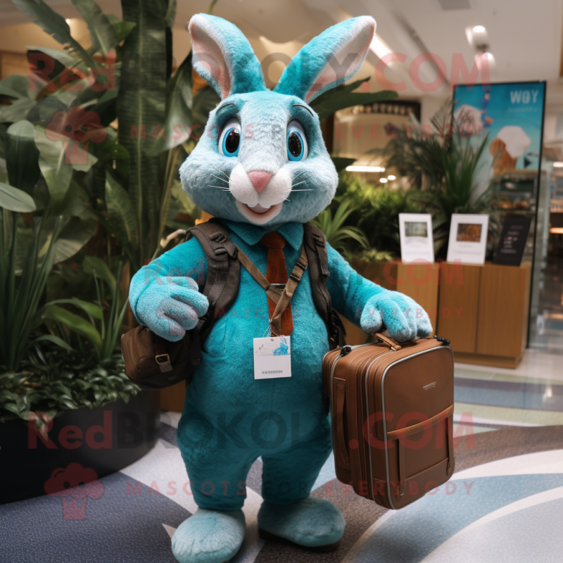 Turquoise Wild Rabbit mascot costume character dressed with a Vest and Briefcases Turquoise Wild Rabbit mascot costume character dressed with a Vest and Briefcases
