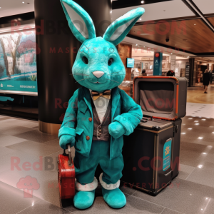 Turquoise Wild Rabbit mascot costume character dressed with a Vest and Briefcases