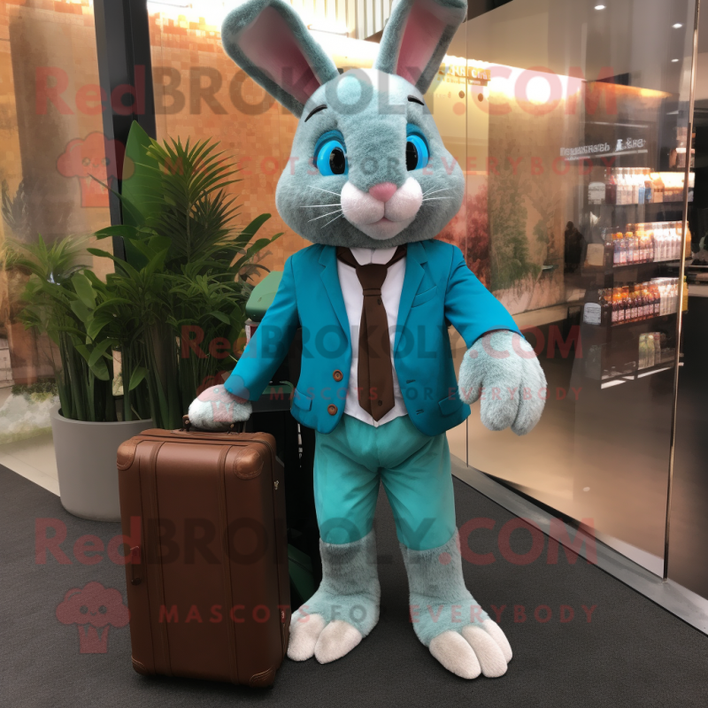 Turquoise Wild Rabbit mascot costume character dressed with a Vest and Briefcases Turquoise Wild Rabbit mascot costume character dressed with a Vest and Briefcases