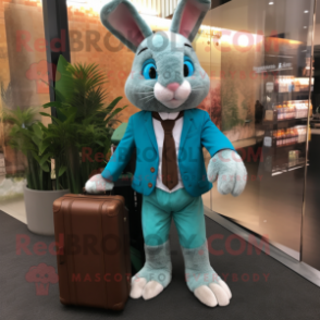 Turquoise Wild Rabbit mascot costume character dressed with a Vest and Briefcases