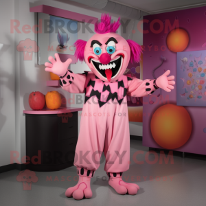 Personaje de disfraz de mascota Pink Evil Clown vestido con pantalones capri y fajines