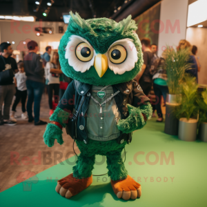 Forest Green Owl mascot costume character dressed with a Skinny Jeans and Hairpins