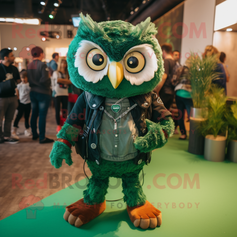 Forest Green Owl mascot costume character dressed with a Skinny Jeans and Hairpins