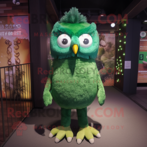 Forest Green Owl mascot costume character dressed with a Skinny Jeans and Hairpins