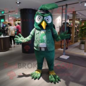 Forest Green Owl mascot costume character dressed with a Skinny Jeans and Hairpins