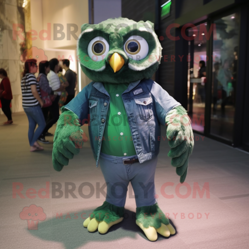 Forest Green Owl mascot costume character dressed with a Skinny Jeans and Hairpins