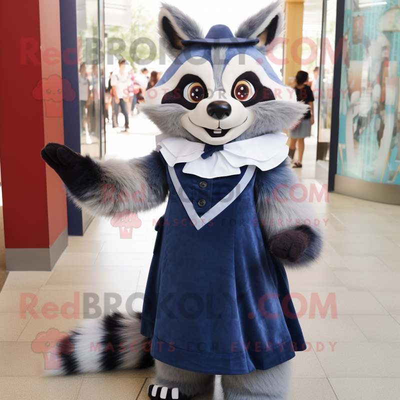 Navy Raccoon mascot costume character dressed with a Pleated Skirt and Clutch bags