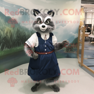 Navy Raccoon mascot costume character dressed with a Pleated Skirt and Clutch bags