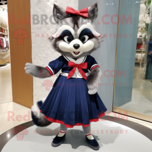 Navy Raccoon mascot costume character dressed with a Pleated Skirt and Clutch bags
