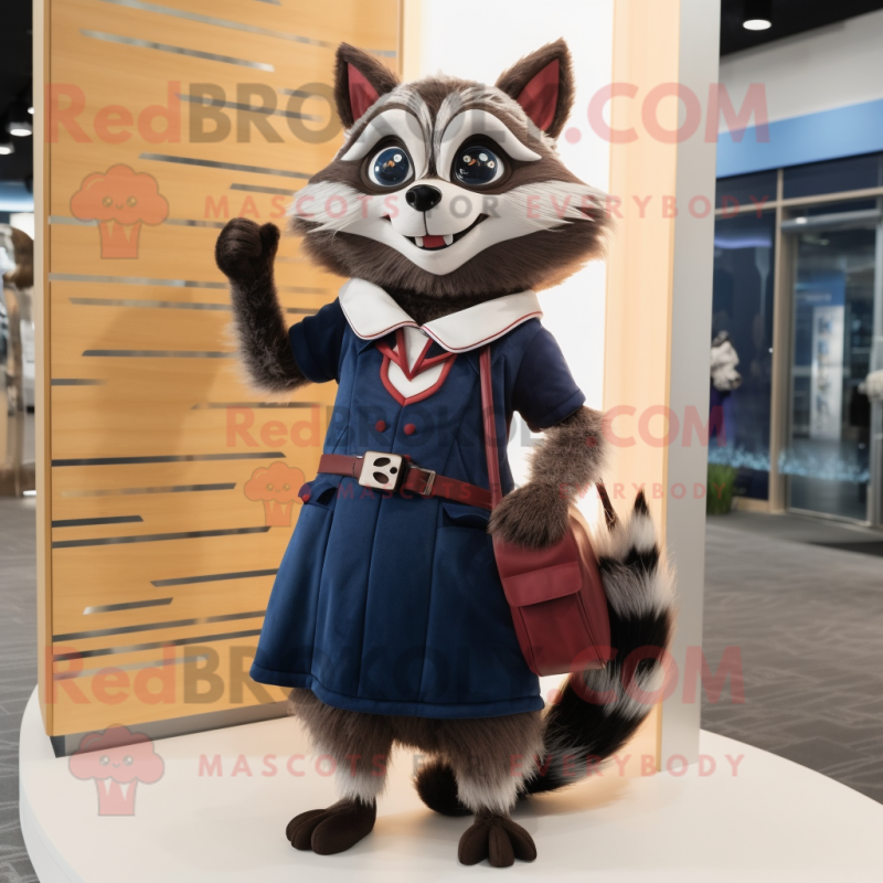 Navy Raccoon mascot costume character dressed with a Pleated Skirt and Clutch bags