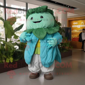 Personaje de traje de mascota Turquoise Cabbage Leaf vestido con pantalones cargo y chales