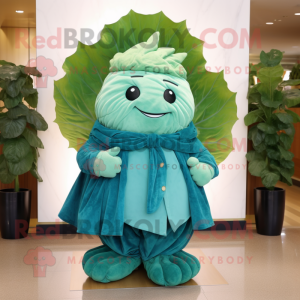 Turkis Cabbage Leaf maskot kostyme karakter kledd med en Cargo Pants og sjal