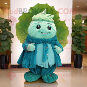 Turquoise Cabbage Leaf mascot costume character dressed with a Cargo Pants and Shawls