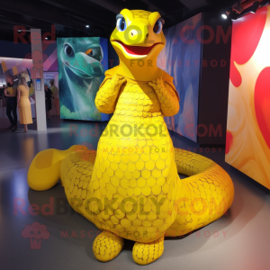 Yellow Anaconda mascot costume character dressed with a Maxi Dress and Foot pads