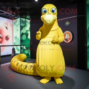 Yellow Anaconda mascot costume character dressed with a Maxi Dress and Foot pads