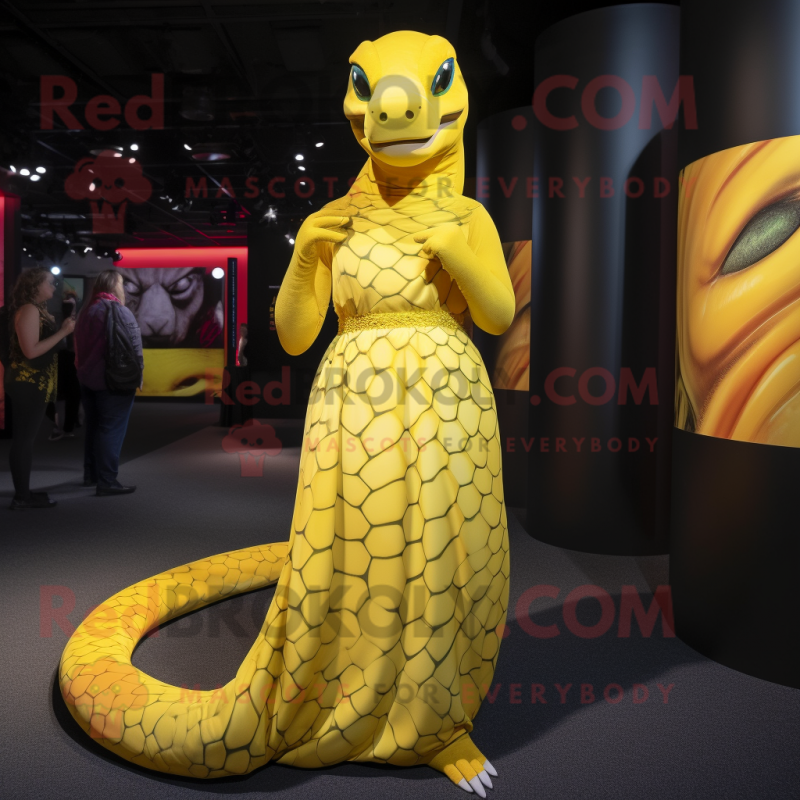 Yellow Anaconda mascot costume character dressed with a Maxi Dress and Foot pads