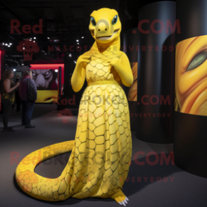 Yellow Anaconda mascot costume character dressed with a Maxi Dress and Foot pads