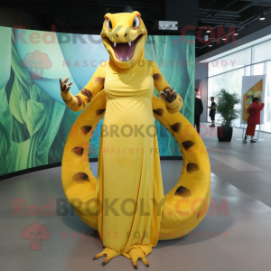 Yellow Anaconda mascot costume character dressed with a Maxi Dress and Foot pads