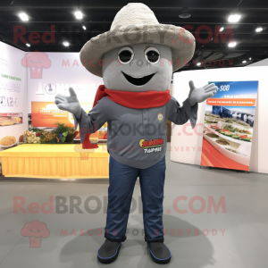 Gray Pad Thai mascot costume character dressed with a Flare Jeans and Hats