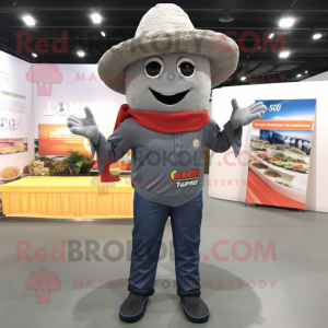 Personaje de traje de mascota Gray Pad Thai vestido con jeans y sombreros Flare