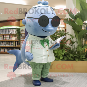 Olive Blue Whale mascot costume character dressed with a Dress Shirt and Reading glasses