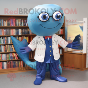Olive Blue Whale mascot costume character dressed with a Dress Shirt and Reading glasses