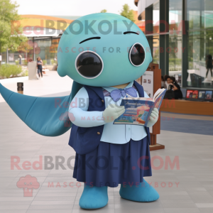 Personaje de traje de mascota de ballena azul oliva vestido con una camisa de vestir y anteojos de lectura