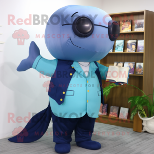 Olive Blue Whale mascot costume character dressed with a Dress Shirt and Reading glasses