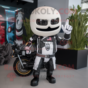 White Burgers mascot costume character dressed with a Biker Jacket and Bracelets