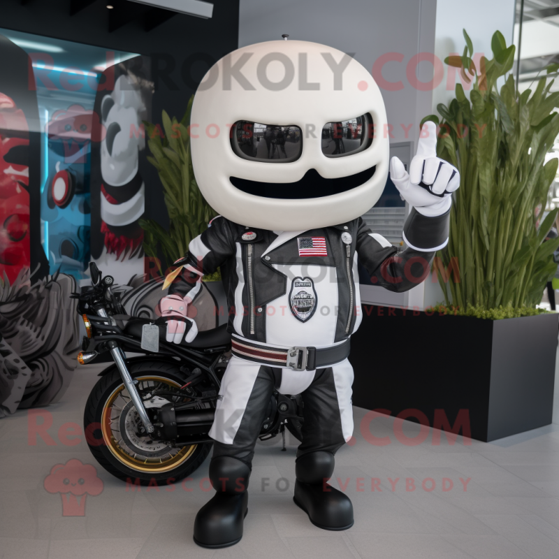 White Burgers mascot costume character dressed with a Biker Jacket and Bracelets White Burgers mascot costume character dressed with a Biker Jacket and Bracelets