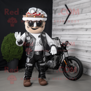 Personaje de traje de mascota de White Burgers vestido con una chaqueta de motociclista y pulseras