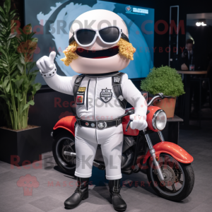 White Burgers mascot costume character dressed with a Biker Jacket and Bracelets