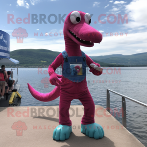 Magenta Loch Ness Monster disfraz de mascota personaje vestido con pantalones cortos de mezclilla y almohadillas para los pies