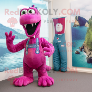 Magenta Loch Ness Monster mascot costume character dressed with a Denim Shorts and Foot pads