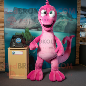 Magenta Loch Ness Monster mascot costume character dressed with a Denim Shorts and Foot pads