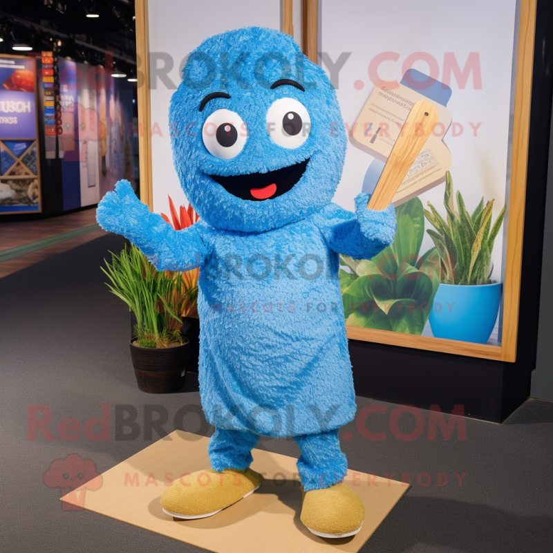 Blue Fried Rice mascot costume character dressed with a Henley Tee and Shoe laces Blue Fried Rice mascot costume character dressed with a Henley Tee and Shoe laces