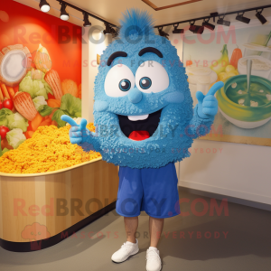 Blue Fried Rice mascot costume character dressed with a Henley Tee and Shoe laces